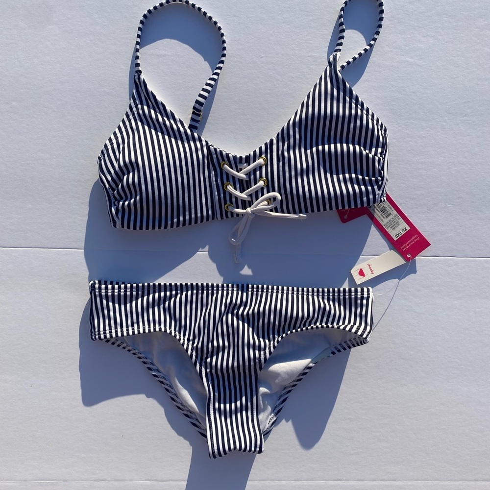 Striped Bikini Set with Lace-Up Detail
